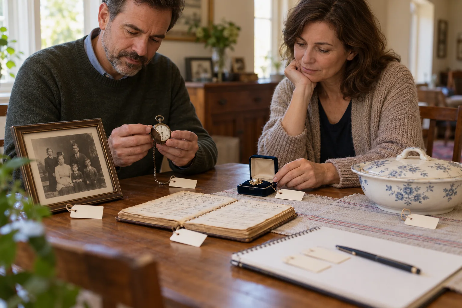 Siblings document a family photograph, pocket watch, brooch, recipe book, and serving dish as they sort inherited keepsakes.
